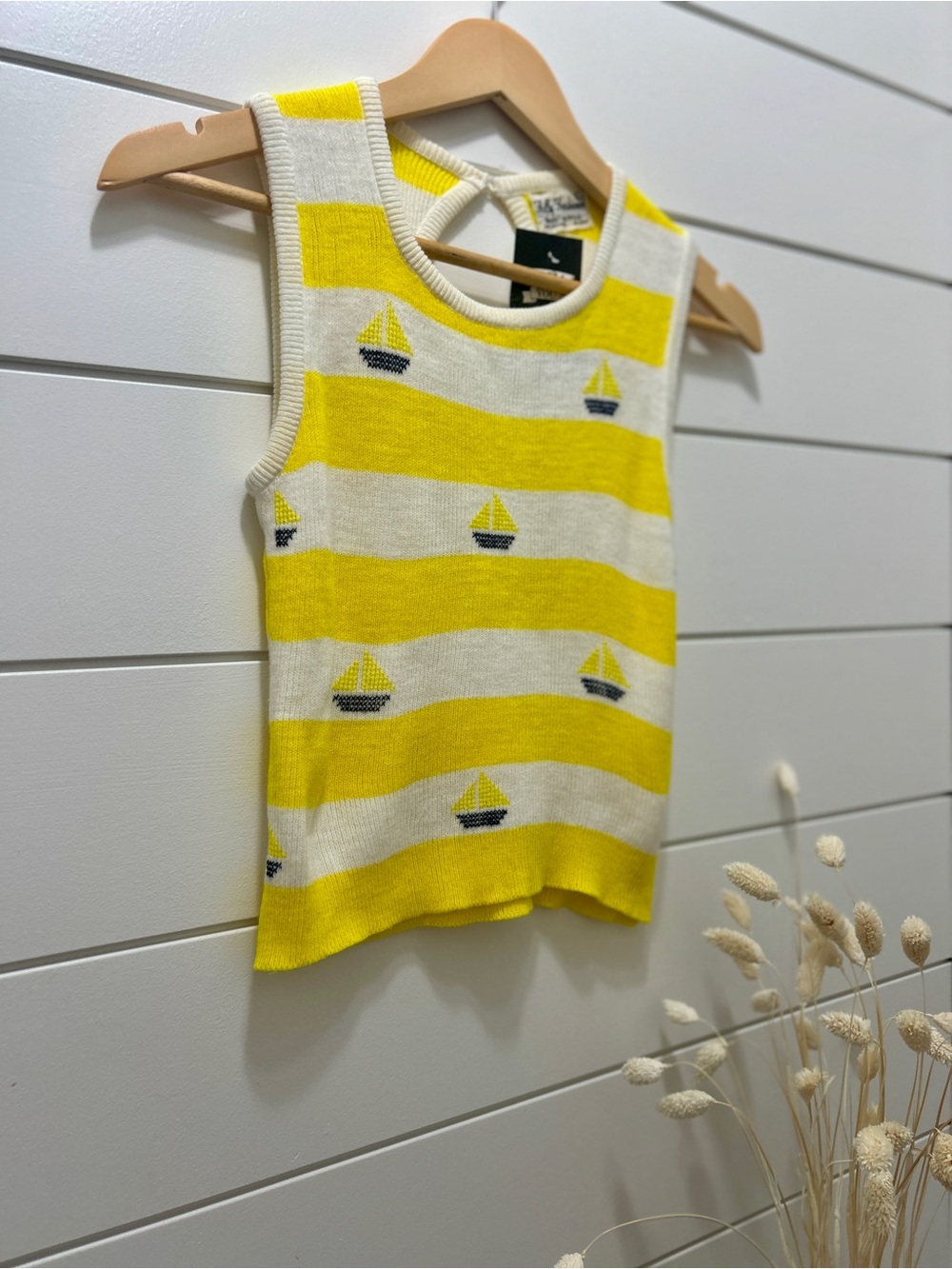 Vintage 1970s Yellow Striped Sailboat Knit Jumper / Tank Top Women’s XS/S